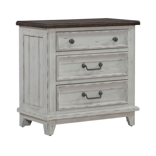 River Place 3 Drawer Nightstand with Charging Station in Riverstone White and Tobacco - Gibson McDonald Furniture & Mattress 