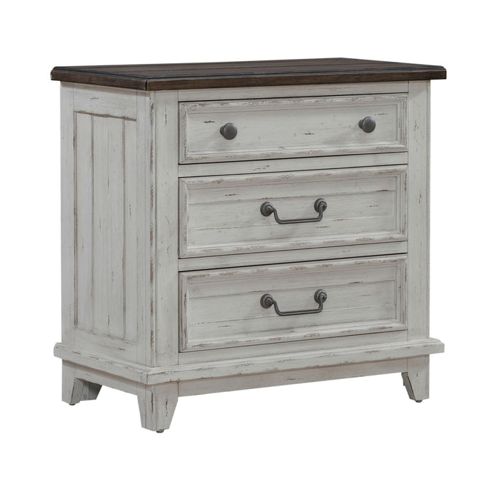 River Place 3 Drawer Nightstand with Charging Station in Riverstone White and Tobacco - Gibson McDonald Furniture & Mattress 