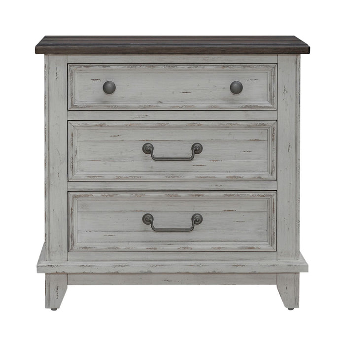 River Place 3 Drawer Nightstand with Charging Station in Riverstone White and Tobacco - Gibson McDonald Furniture & Mattress 