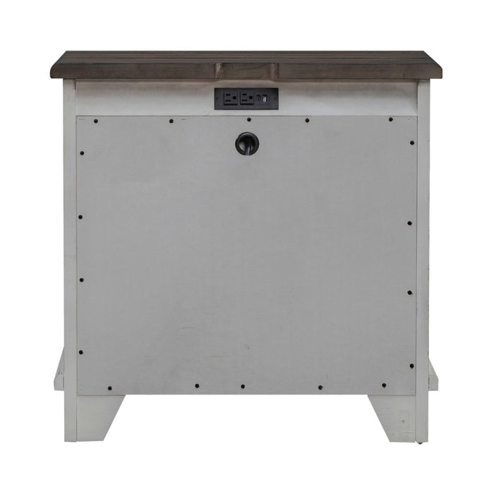 River Place 3 Drawer Nightstand with Charging Station in Riverstone White and Tobacco - Gibson McDonald Furniture & Mattress 