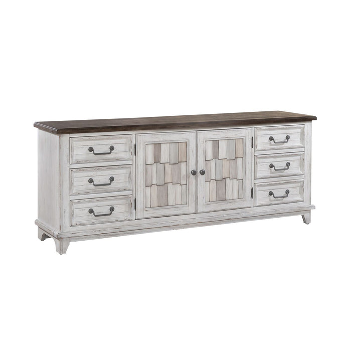 River Place Entertainment Console in Riverstone White/Tobacco - Gibson McDonald Furniture & Mattress 